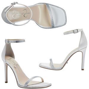 Jessica Simpson Ostey Sandals Sz 9 Silver Ankle Strap Square Toe Stiletto Heel